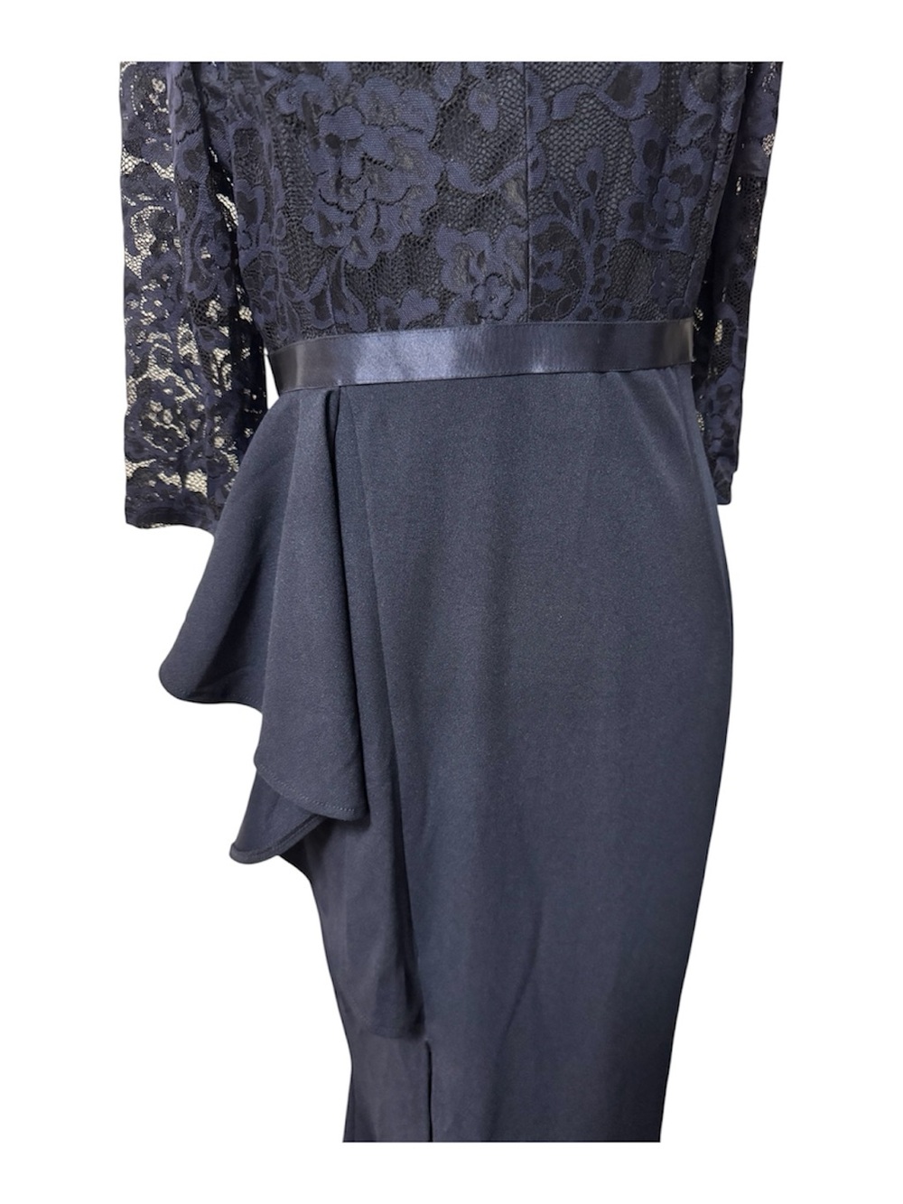 MissMny Navy Lace Floor Length Dress with Satin Waist Size Large - Picture 2 of 6